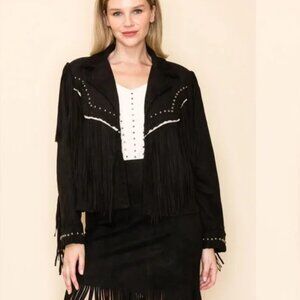 Vocal Faux Suede Fringe and Studded Detail Jacket in Black NWOT, Size L